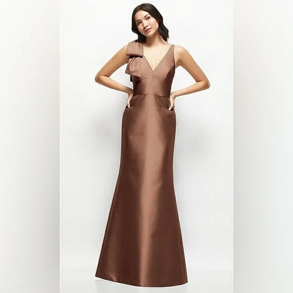 NWT Alfred Sung Deep V-Back Satin Trumpet Dress, One-Shoulder Bow in Cognac, 12R - Picture 3 of 16
